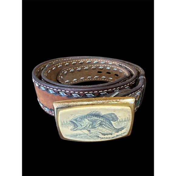 Genuine Leather Belt, Stamped Toiled Pained Eagle Toiled "POPS" Fish Buckle - Picture 7 of 7